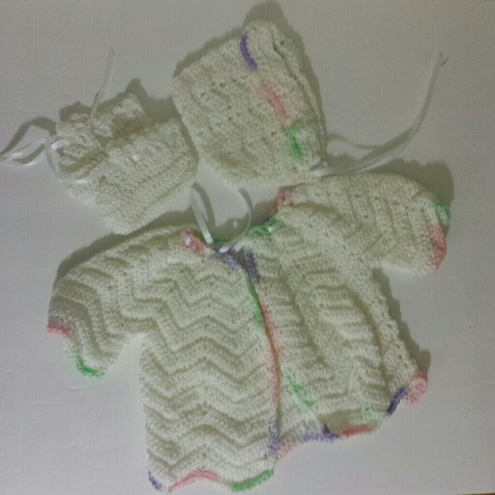 Sweater, Booties and Hat Baby Outfit sz 6 -9 Crocheted HANDMADE
